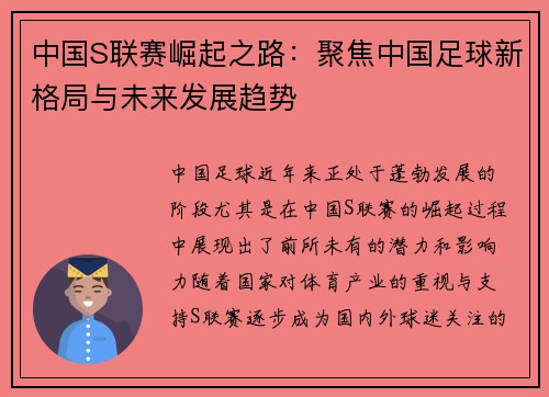 中国S联赛崛起之路：聚焦中国足球新格局与未来发展趋势